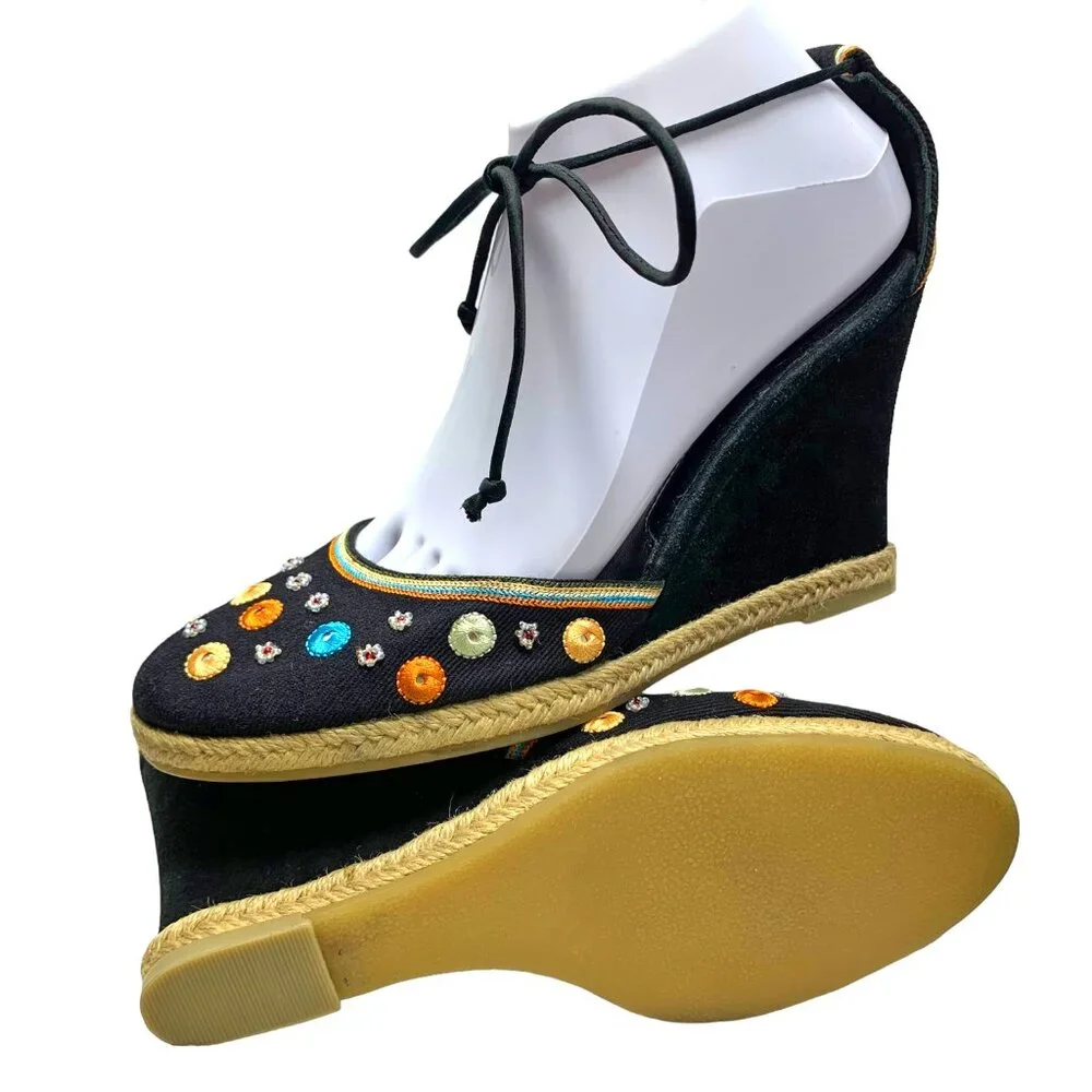 VIA SPIGA Grace Canvas Suede‎ Ankle Tie Espadrille Wedges **NWOB